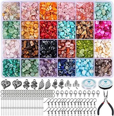Produktbild von Schmuck Selber Machen Set, 24 Farben Natürliche Edelstein-Perlen,5-7 mm Steinperlen, 1073 Stück Ringe Selber Machen Set für DIY Schmuck