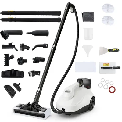 A steam cleaner and its various attachments are laid out on a white background.