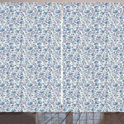 Image de Rideau ARANDE, fleurs, bluebells en fleurs, botanique Feng Shui, illustration vintage, 280 x 225 cm, turquoise et bleu foncé