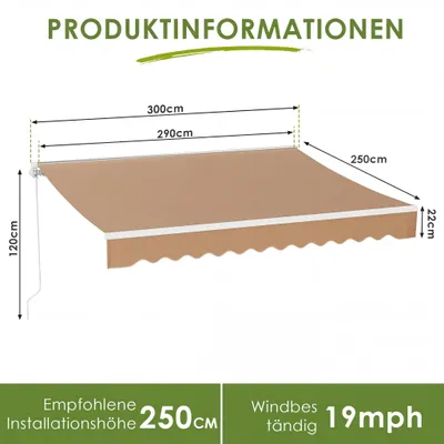 Produktbild von Gelenkarmmarkise - Manuelle Wandmarkise 2,5 x 3 m - Handkurbel - Neigungsverstellung 52–75° - UPF 50+ - Wasserabweisendes Polyester - Beige