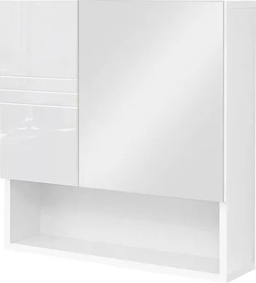 Immagine prodotto di Mobile da bagno con ante a specchio - Mensola a muro con ripiani aperti - Cassetti regolabili - Bianco - 54 x 15 x 55 cm