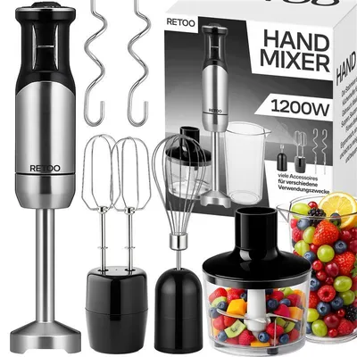 Image de Mixeur plongeant 6in1 Set 1200W en acier inoxydable Bâton de mixage Pied à mixer Batteur Crochet à mixer, Fouet, Pilon, Hachoir Retoo