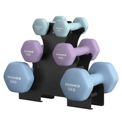 Produktbild von SONGMICS Kurzhantel Set, Hexagon, mit Hantelständer, 2 x 1 kg, 2 x 3 kg, 2 x 5 kg, mattes Finish, Neopren-Beschichtung, Krafttraining, zu Hause