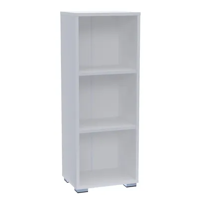 A white, three-shelf bookcase shown from the front.