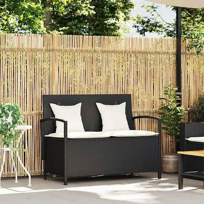 Produktbild von Gartenbank mit Stauraum, 111 x 56 x 87 cm, Polyrattan, schwarz, Sitzkissen und Rückenlehne abnehmbar, wasserdichte Tasche innen
