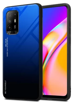 A smartphone case with a gradient blue and black design is shown next to a smartphone.