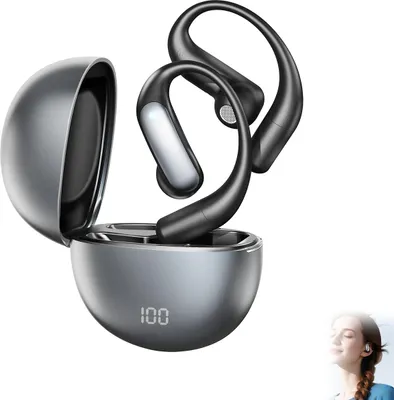 A pair of black wireless earbuds with a charging case, displayed on a white background. A small inset image shows a woman enjoying music.