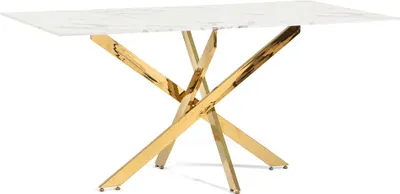 A rectangular dining table with a white marble-look top and a gold metal base.