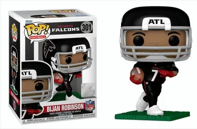 A Funko Pop! vinyl figure of Atlanta Falcons player Bijan Robinson, shown both in its packaging and displayed on a green base.