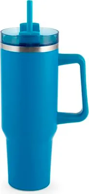 Produktbild von Blauer Thermobecher aus Edelstahl mit Strohhalm, 1,2 l