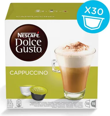 A box of Nescafé Dolce Gusto Cappuccino coffee pods, with a cup of cappuccino shown.