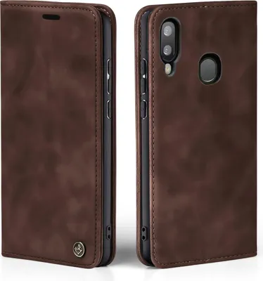 A brown flip cover phone case is shown from two angles against a white background.