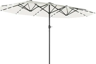 Zdjęcie produktu dla Parasol Outsunny z podwójnym parasolem LED 440 x 256 cm, parasol ogrodowy, duży parasol tarasowy z korbą ręczną, owalny, metalowy, kremowo-biały