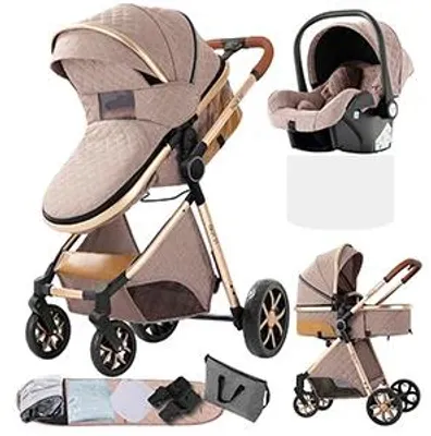 Produktbild von Kinderwagen 3-in-1 - Kombikinderwagen - Für Neugeborene - Sitz- Und Liegeposition - Autositzkompatibel - Faltbar - Aufbewahrungskorb - Khaki