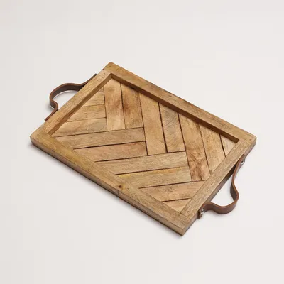 Produktbild von Holztablett - Dekotablett - Kunstledergriffe - rechteckig - Mangoholz - L: 54cm - H: 3cm - natur