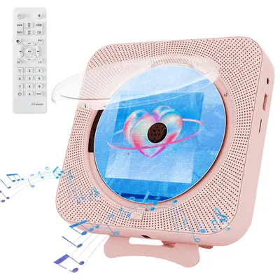 Obrázok produktu pre AIORBER Multifunkčný Bluetooth CD prehrávač s displejom, držiakom na stenu a stolným stojanom, USB, FM, konektorom pre slúchadlá, časovačom, ružový
