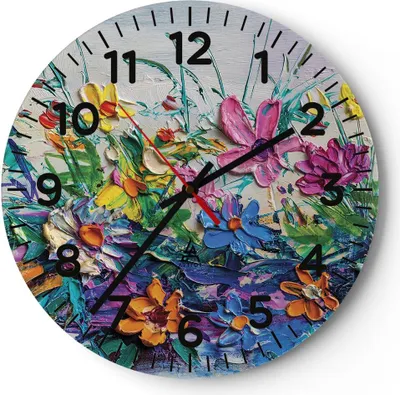 Produktbild von Wanduhr - Rund - Glasuhr - Blumen die Farben pastos - 30x30cm - Schleichendes Uhrwerk - Lautlos - zum Aufhängen bereit - Dekoration Modern - Wanddekoration aus Glas - C4AR30x30-4521