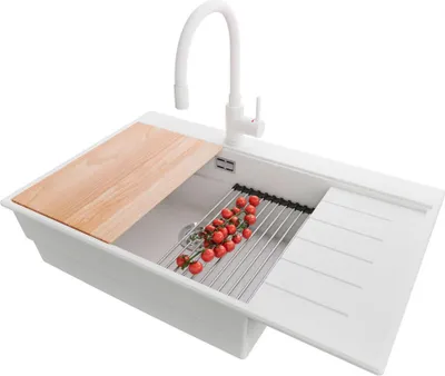 Produktbild von PRIMAGRAN Granitspüle Weiß 78x50cm, Spülbecken 1 Becken + Küchenarmatur 38x14cm + Ablauf-Set + Küchenzubehörset, Küchenspüle ab 60er Unterschrank - Sydney