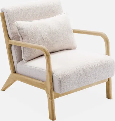 A cream-colored armchair with a wooden frame, shown against a light gray background.