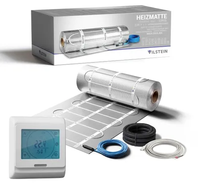 Produktbild von VILSTEIN Aluminium-Fußbodenheizung 150W/m² – Elektrische Heizmatte für Laminat, Parkett & Vinyl, selbstklebend, zuschneidbar, Touchscreen-Thermostat, Komplettset 8m²
