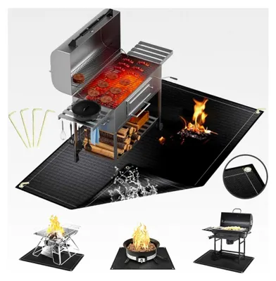 Produktbild von Grillmatte Bodenschutz, feuerfeste Unterlage 152 * 115 cm, faltbare Grillunterlage mit Löchern und Bodennägeln, wasser- und ölbeständig, Bodenschutzmatte für BBQ, Kamin, Boden, Rasen
