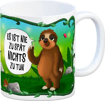 Produktbild von Kaffeebecher mit Faultier Dschungelmotiv und Spruch: Es ist nie zu spät nichts