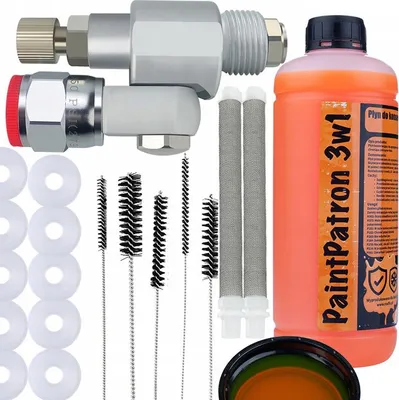 Zdjęcie produktu dla Rosfix Zawór CleanShot do Pistoletu Natryskowego + 10 Uszczelek + Wyciory + 2 Filtry z Białymi Palcami 60 + Płyn do Konserwacji i Czyszczenia Pistolet