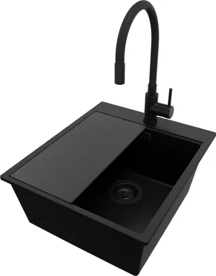 Produktbild von PRIMAGRAN Granitspüle Alles Schwarz 43x50cm, Spülbecken 1 Becken + Küchenarmatur 40x38cm + Ablauf-Set + Schneidebrett, Küchenspüle ab 45er Unterschrank - Oslo