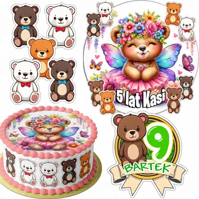 Produktbild von Zestaw Opłatek Na Tort 20Cm + 16 Postaci - Miś Niedźwiadek + Imię 15Cm 18Cm