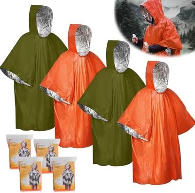 Produktbild von 4 Stück Notfall-Survival-Poncho,Notfall Regenponcho,Rettungsdecke Biwaksack,Notfallschlafsack, Erste-Hilfe-Wärmedecke,Isolierung und Regensicher, Geeignet Für Camping, Wandern und Notfälle