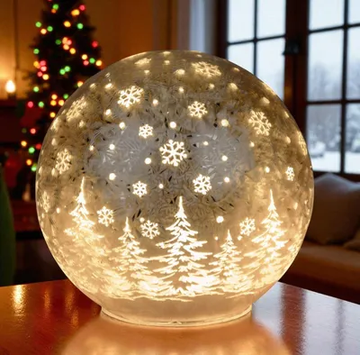 A glowing decorative sphere with a Christmas tree and snowflake motif sits on a wooden table, with a blurred Christmas tree in the background.
