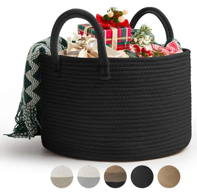 Image de Elzusha - Grand panier à linge en coton - Panier de rangement tressé à la main pour couvertures et vêtements