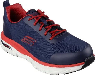 A single Skechers safety sneaker is shown from a side-diagonal angle against a white background.