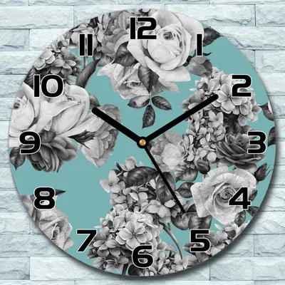 Produktbild von Wanduhr aus Glas Rund fi 30 Schwarz-weiße Rosen Quarz Deko Wohnzimmer Büro