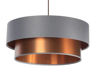 A modern pendant light with two tiers, one gray and one copper.