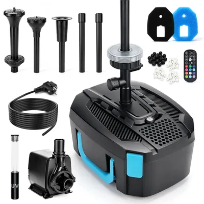 Produktbild von LED Springbrunnenpumpe mit UVC-Klärer 45W 3000L/H Teichpumpe mit Teichfilter 3 Düsen Wasserspielpumpe Bachlaufpumpe Wasserpumpe Fontäne Gartenbrunnen