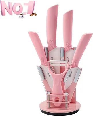 Produktbild von Unyqoos® Keramik‑Messerset 6‑teilig mit Messerblock – Keramik-Küchenmesser: Kochmesser, Fleischbeil, Allzweckmesser, Obstmesser, Melonenschneider; bleibt scharf ohne Nachschärfen, Anti-Verkantung, Geschenkset