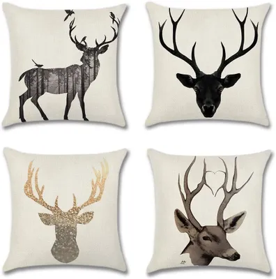 Produktbild von 4er-Set Nachbildungativ Hirsch Kissenbezug, Polyester Leinen Kissenbezüge Dekokissen Kissenhülle Set Kissen Fall für Sofa Auto Schlafzimmer Zuhause Nachbildung (40x40 cm)