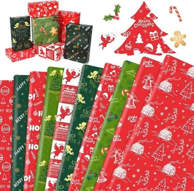 Productafbeelding van Famanu Geschenkpapier set, 10 vellen in rood en groen - ideaal voor feestjes en speciale gelegenheden