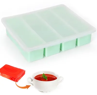 Image de Contenants de congélation en silicone avec couvercle - Moules pour portionner les soupes, les bouillons et les sauces - 4 compartiments de 250 ml
