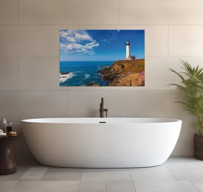 Produktbild von Wallario wasserfestes Poster selbstklebend 91,50 x 61 cm, Leuchtturm auf einem Felsvorsprung - Blauer Himmel, Badezimmerposter Spritzschutz mit Hochglanzoberfläche in Glasoptik