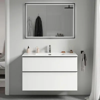 Produktbild von Waschtischunterschrank LAVOA 100 cm mit Waschbecken - Farbe wählbar, Farbe Badmöbel:Weiß matt, Waschbecken:Weiß glänzend, Metallgriff:Schwarz matt