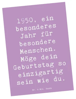 Produktbild von Mr. & Mrs. Panda Postkarte Spruch 1950 Geburtstag - Lavendeltraum - Geschenk, Geburtstagsgeschenk, Ansichtskarten, Geburtsjahr, Grußkarte, Fotokarte, Alter, Postkarten