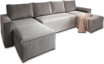 Produktbild von Masseno Ecksofa ASPRA mit Schlaffunktion U-Form, Sofa mit Bettkasten, Wohnzimmersofa, Couch, Soffa, Bettsofa, Couchgarnitur- Hellgrau, POSO 55