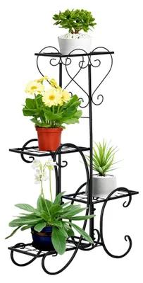 Produktbild von Blumenständer aus Metall mit 4 Ebenen für Pflanzen, Blumentreppe für Innen und Außen, Schwarz, 45 x 24,5 x 80 cm