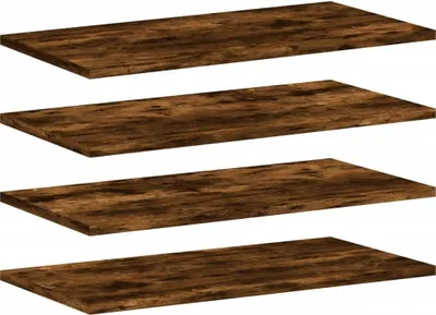 Four wooden shelves against a white background.