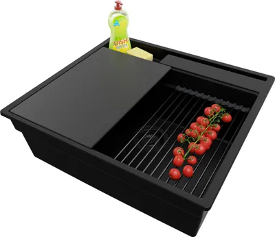 Produktbild von PRIMAGRAN Spülbecken Alles Schwarz 58x53cm, Granitspüle 1 Becken + Ablauf-Set + Küchenzubehörset, Küchenspüle ab 60er Unterschrank - Oslo Pocket