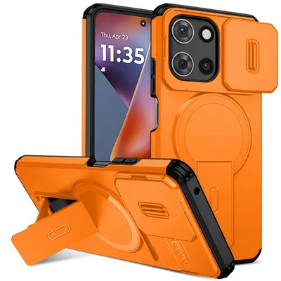 Obrázek produktu pro Magnetické pouzdro pro Motorola Moto G 2025, dvouvrstvé odolné pouzdro s posuvnou ochranou fotoaparátu a nastavitelným stojánkem Oranžová