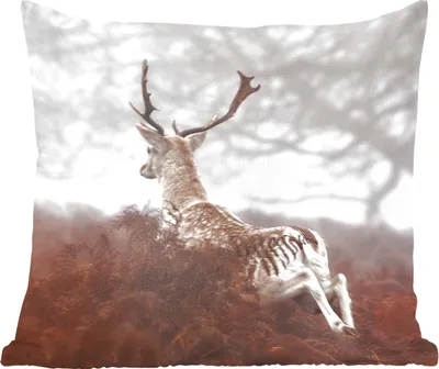 Produktbild von MuchoWow® Zierkissen Sofakissen Wohnzimmer Dekokissen 50x50 cm Hirsche - Nebel - Pflanzen - Komfort - Sofakissen