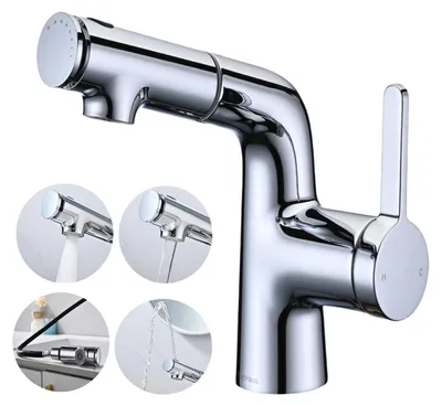 Immagine prodotto di Miscelatore per lavabo da bagno con doccetta estraibile, 3 getti, miscelatore monocomando, cromato